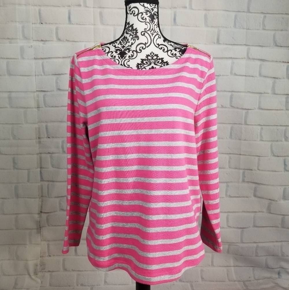 Talbots strip print top 1xp stretch knit popover